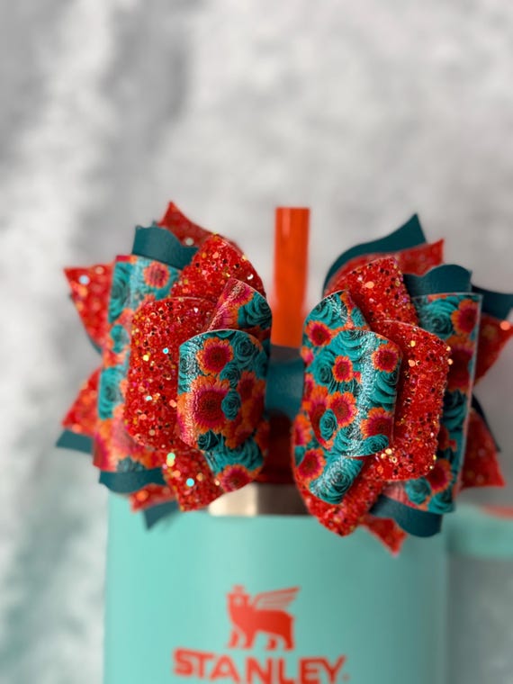 Teal roses glitter bow