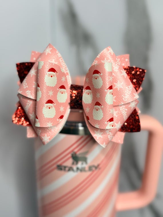 Pink Santa Tumbler Bow – Christmas Faux Leather Cup Accessory