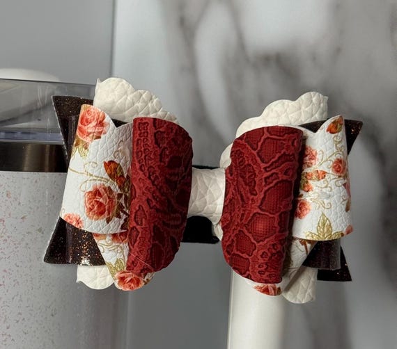 Floral Tumbler Handle Bow | Rust Faux Leather Cup Accessory