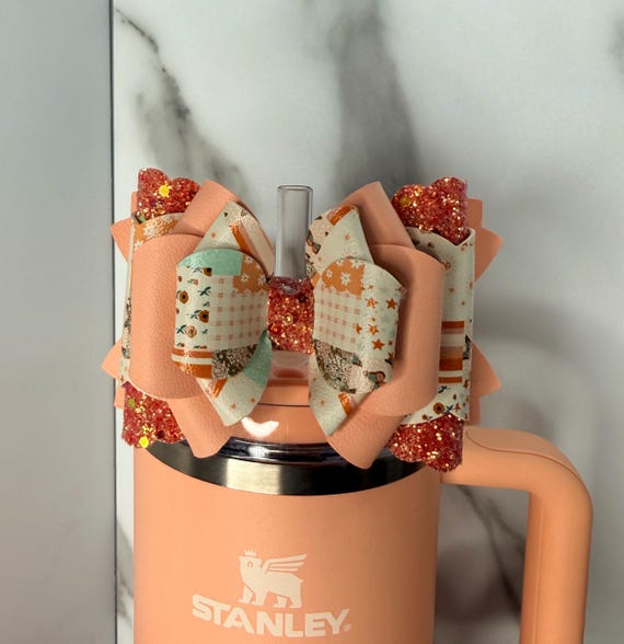 Patchwork Cottagecore Tumbler Bow | Peach and orange  Floral Cup Bow | Boho Straw Topper Accessory