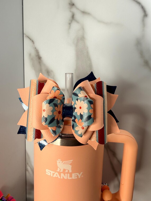 Peach Floral Tumbler Bow for Stanley Cup | Elegant Cup Bow Accessory | Handmade Straw Topper