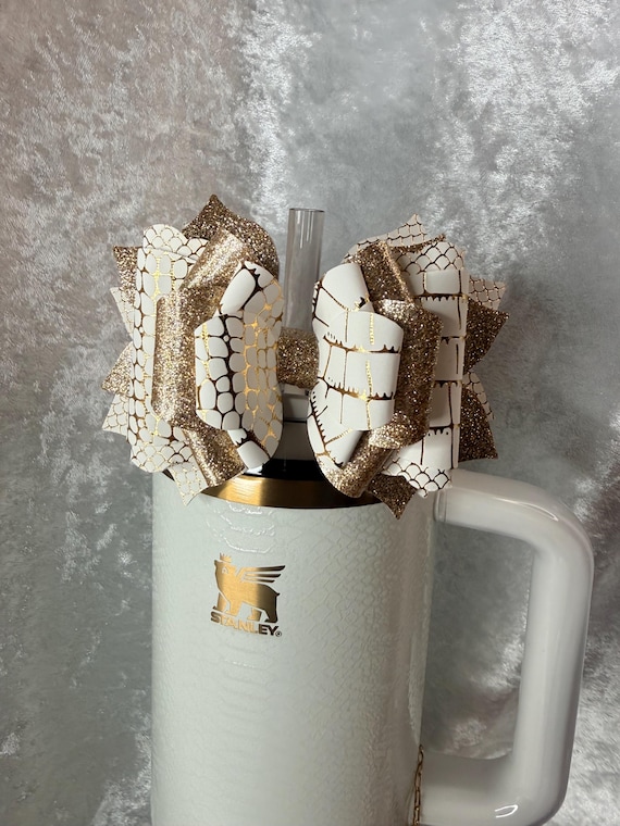 White and gold shimmer snakeskin pattern Tumbler Bow