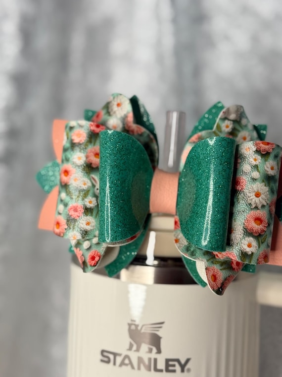 Easter/ Spring Peach and Green Glitter Tumbler Bow