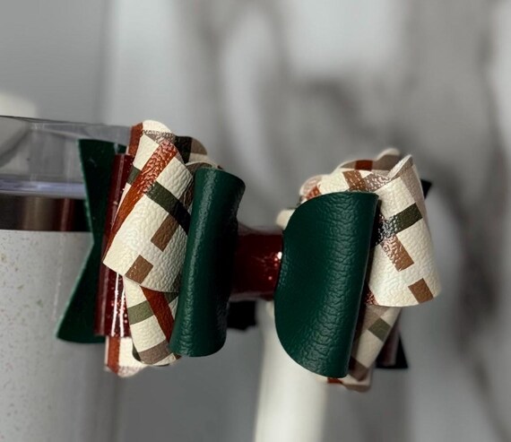 Green Plaid Faux Leather Tumbler Bow  Cup Accessory