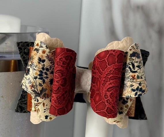Floral Tumbler Bow | Burgundy & Cream Faux Leather Cup Accessory