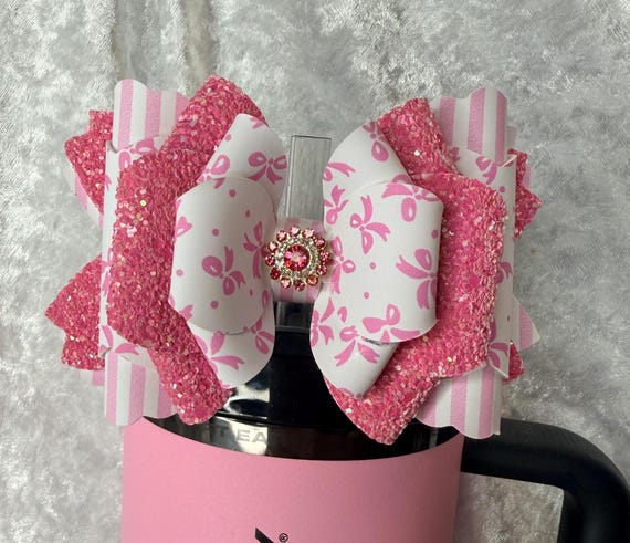 Pink Bows and Stripes Glitter Tumbler Bow - Handmade Tumbler Accessory