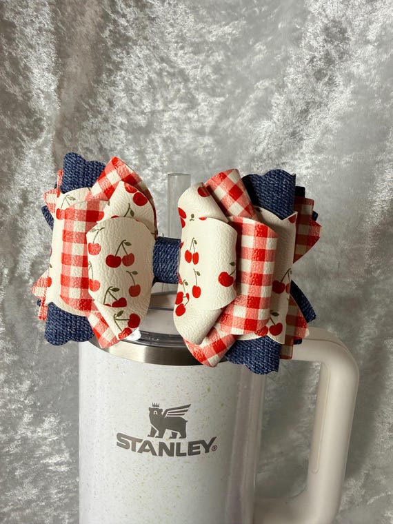 Cherries red checkers and denim straw bow