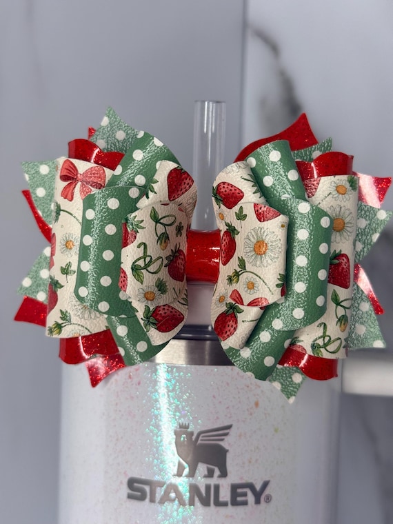 Strawberry Daisy Cottagecore Tumbler Bow | Green Polka Dot Summer Cup Bow | Stanley Straw Topper