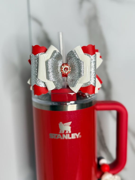 Red, White & Silver Glitter Tumbler Bow – Faux Leather Stanley Cup Accessory with Rhinestone Center