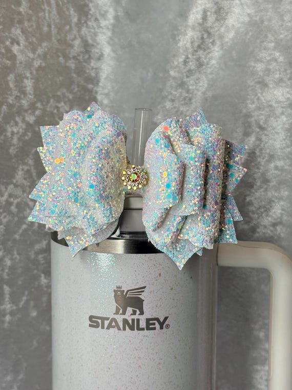 White Glitter and rhinestone Tumbler Bow
