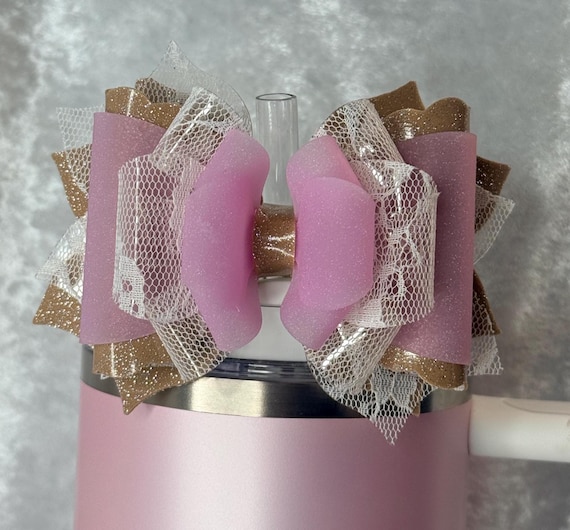 Frosted pink white lace PVC and light gold shimmer Tumbler Bow
