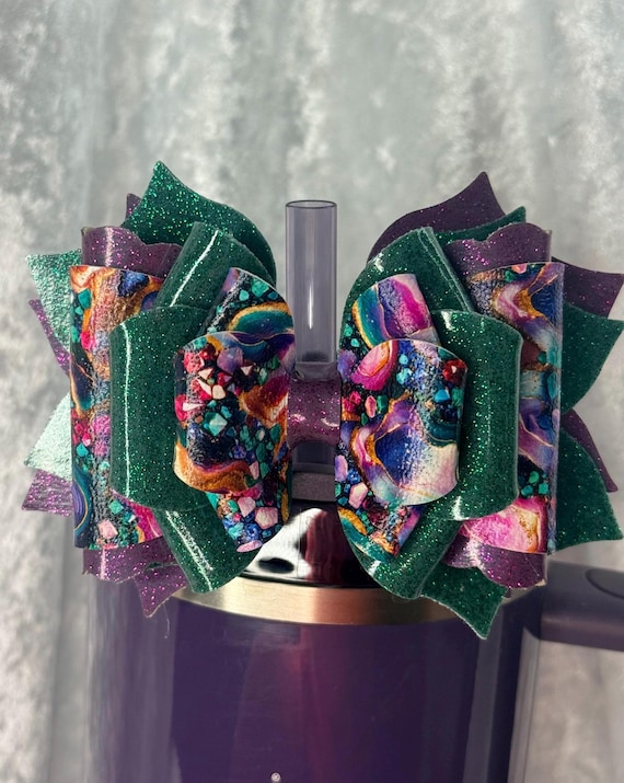 Purple and Green Glitter Geode Tumbler Bow