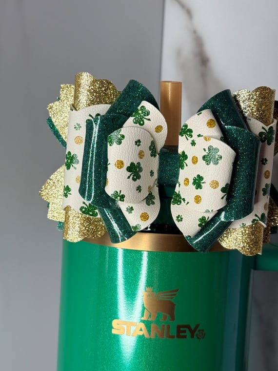 St. Patrick's Day Shamrock Tumbler Bow | Green Glitter, Faux Leather