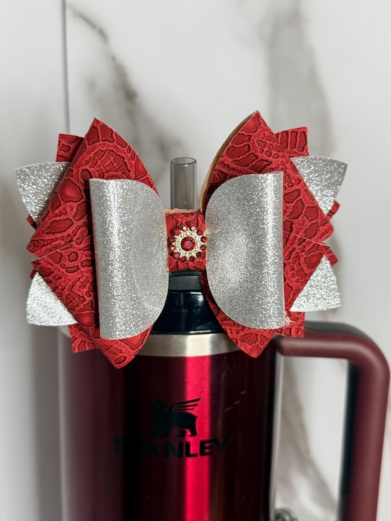 Maroon & Silver Glitter Tumbler Bow – Faux Leather Stanley Cup Accessory with Rhinestone Center