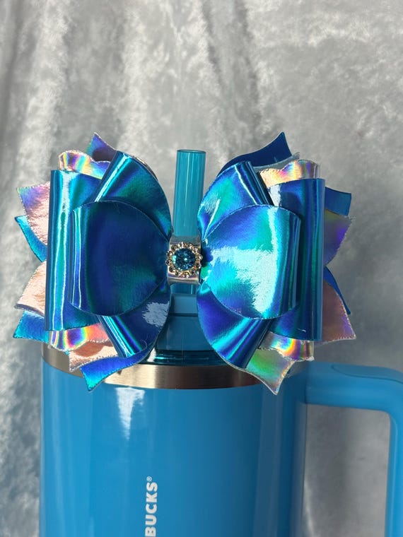 Holographic Teal and Silver Tumbler Bow
