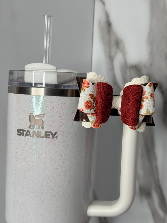 Floral Tumbler Handle Bow | Rust Faux Leather, Stanley Cup Accessory