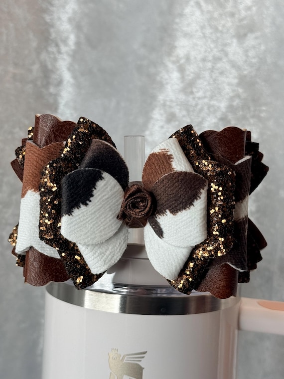 Brown cow hide Print faux leather Tumbler Bow | Western Cup Accessory