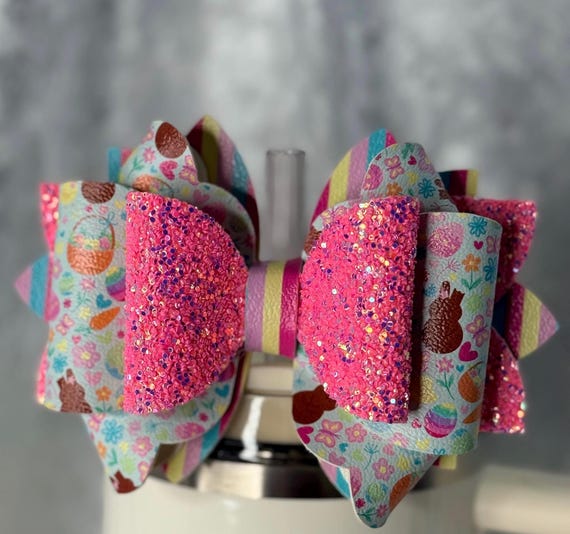 Easter Baskets and Chocolate Bunnies Pink Glitter Tumbler Bow
