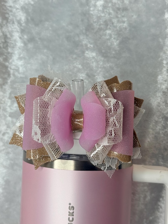 Frosted pink white lace PVC and light gold shimmer Tumbler Bow