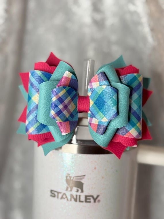Teal and pink plaid Spring Tumbler Bow