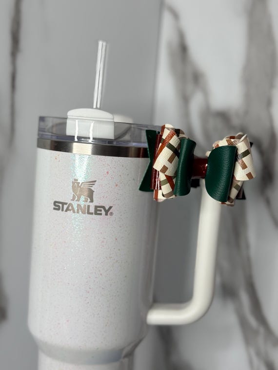 Green Plaid Faux Leather Tumbler Bow | Stanley Cup Accessory