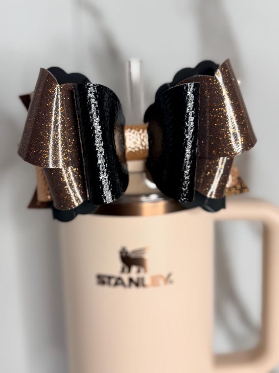 Black & Bronze Glitter Tumbler Bow – Classy Faux Leather Stanley Cup Accessory