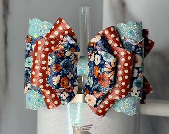 Blue Floral Glitter Tumbler Bow