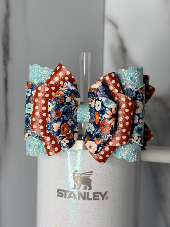Blue Floral Glitter Tumbler Bow