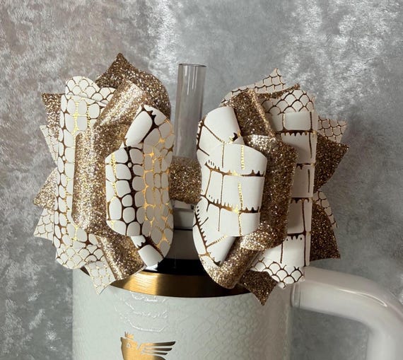 White and gold shimmer snakeskin pattern Tumbler Bow
