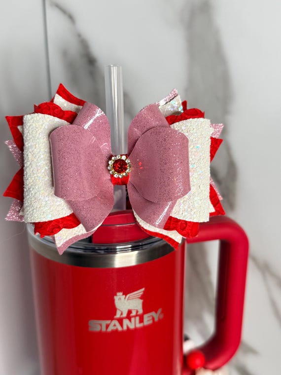 Glitter Tumbler Bow: Pink, Red, Sequin Faux Leather Stanley Accessory