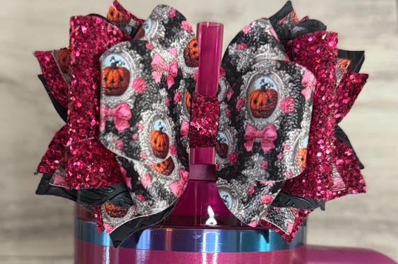 Pink Glitter Halloween tumbler bow 4.5 inch