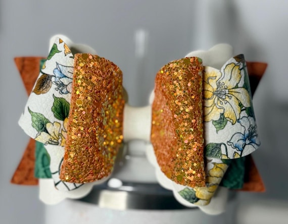 Floral Tumbler Bow (Gold/Green/Orange)