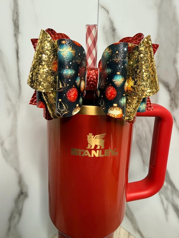 Christmas Ornament Tumbler Bow | Gold Glitter Faux Leather Stanley Accessory