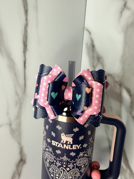 Denim Heart Tumbler Bow | Cute Stanley Cup Bow | Polka Dot Heart Bow | Blue Tumbler Accessory | Ready to Ship