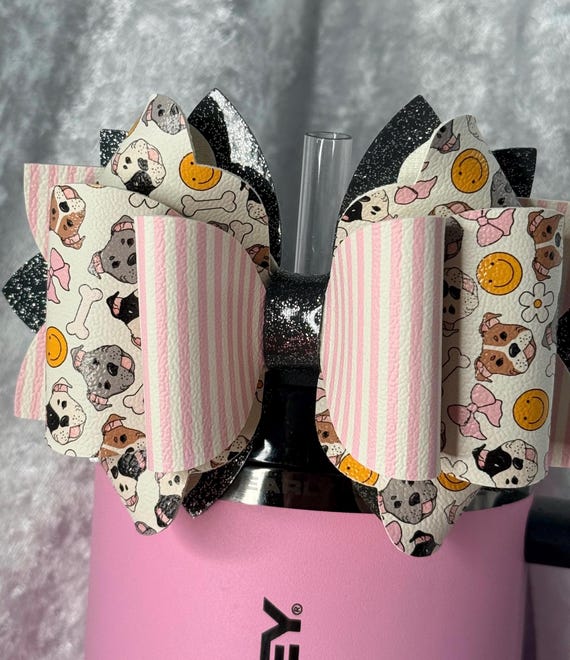 Happy Faces and Dogs Pink Stripe Tumbler Bow