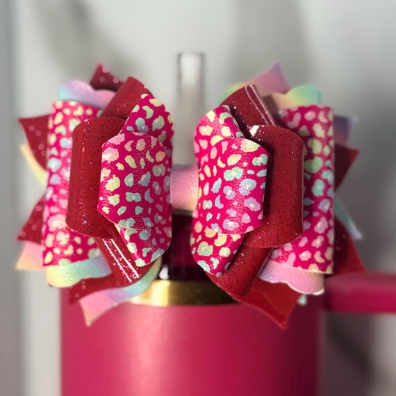 Neon Pink Leopard Print Rainbow Bow