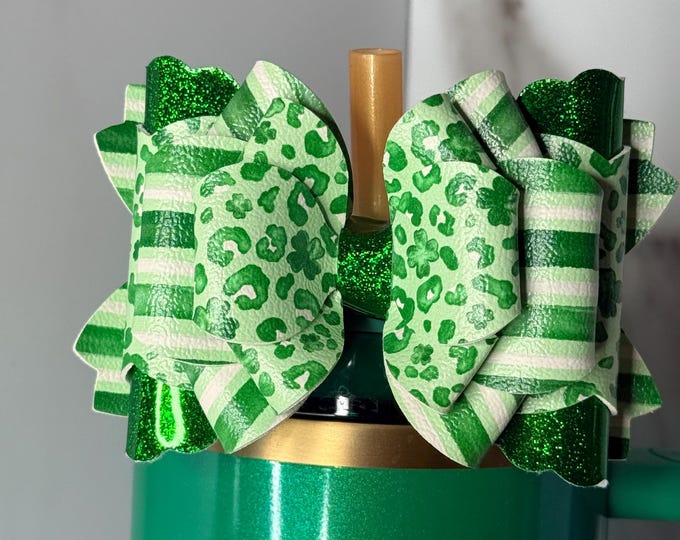 Featured listing image: St. Patrick’s Day Leopard Shamrock Tumbler Bow | Green Cup Bow | Stanley Accessory