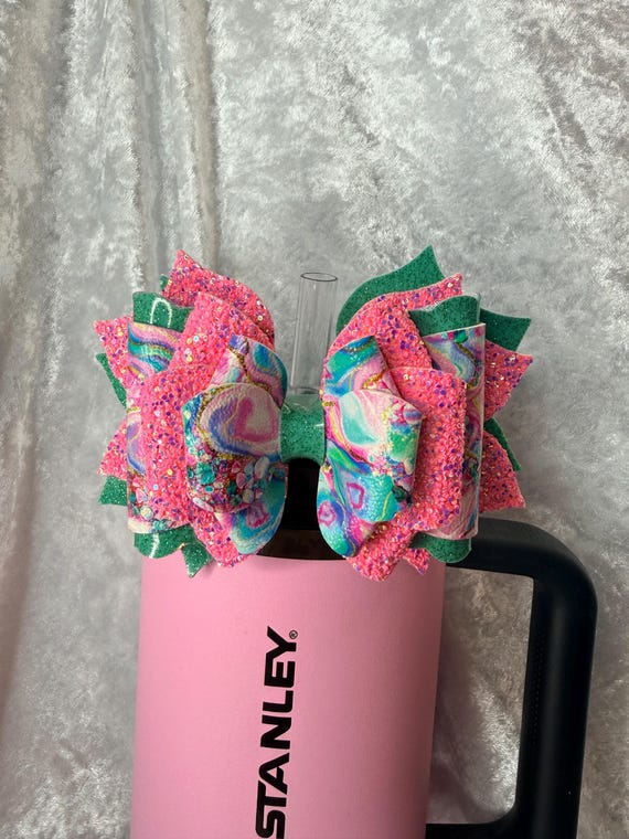 Green and pink glitter geode Tumbler Bow | Stanley Straw Topper