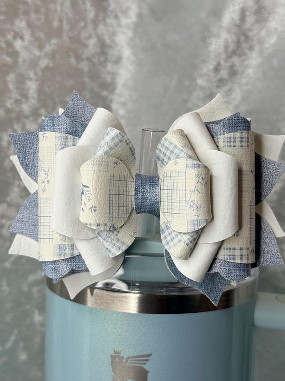 Denim patchwork tumbler bow