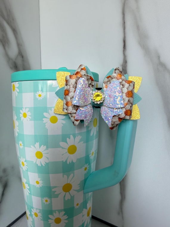 Yellow rhinestone Daisy tumbler handle bow