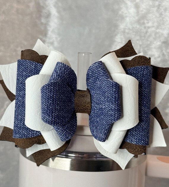 Denim and dark brown faux leather tumbler bow