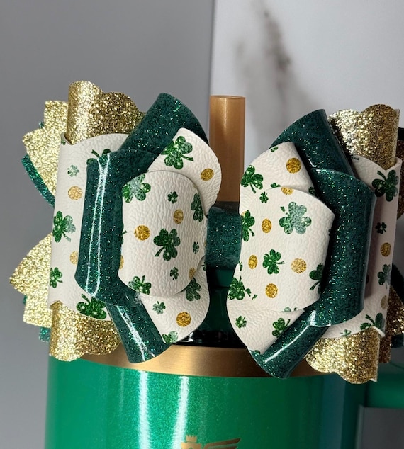 St. Patrick's Day Shamrock Tumbler Bow | Green Glitter, Faux Leather