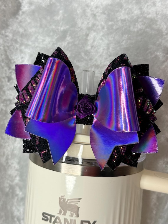 Holographic purple and black lace tumbler bow