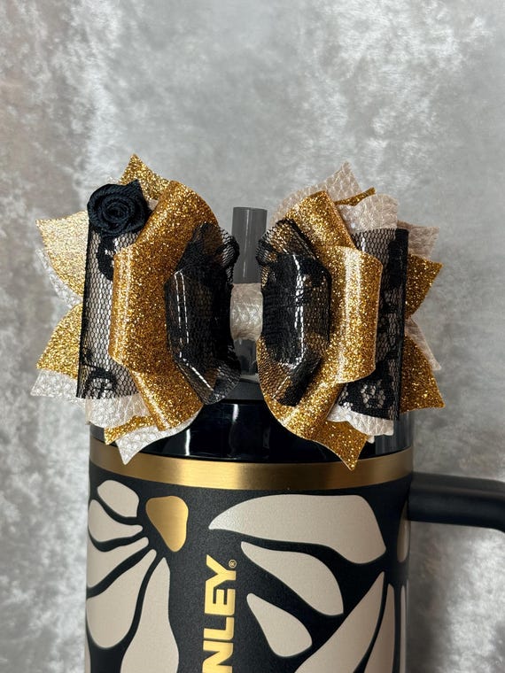 Black lace PVC cream and gold shimmer tumbler bow