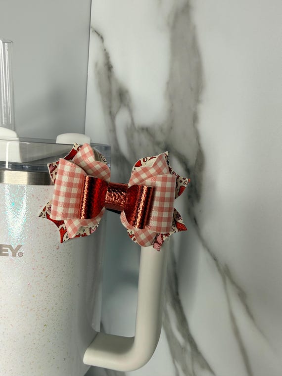 Pink Gingham Tumbler Bow | Coffee Cup Handle Accessory