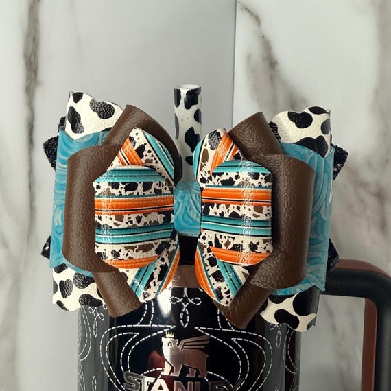 Cow Print Tumbler Bow | Western Faux Leather Cup Accessory