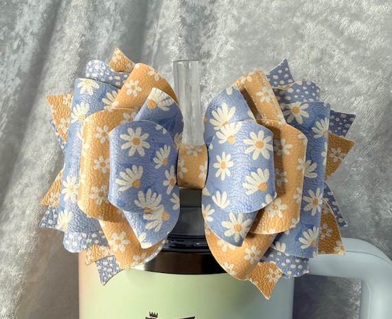 Blue Yellow Daisy Faux Leather Bow | Floral Stanley Cup Straw Topper