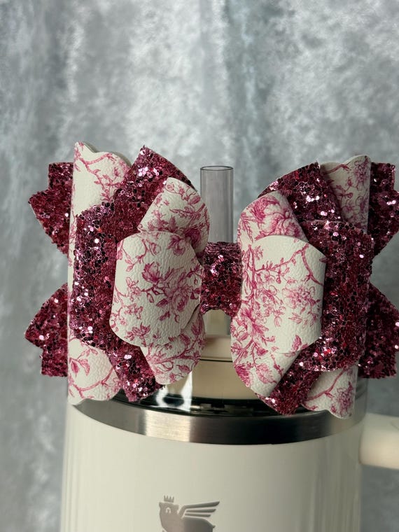 Pink Toile and Chunky Glitter Cottagecore Tumbler Bow