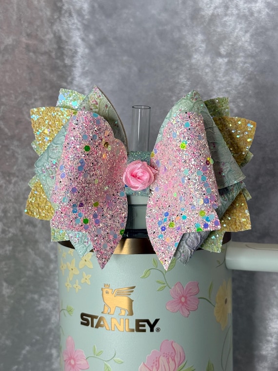 Pink Green and Yellow Glitter Spring Tumbler Bow