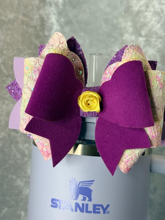 Purple and yellow Heart lace tumbler bow with satin center flower